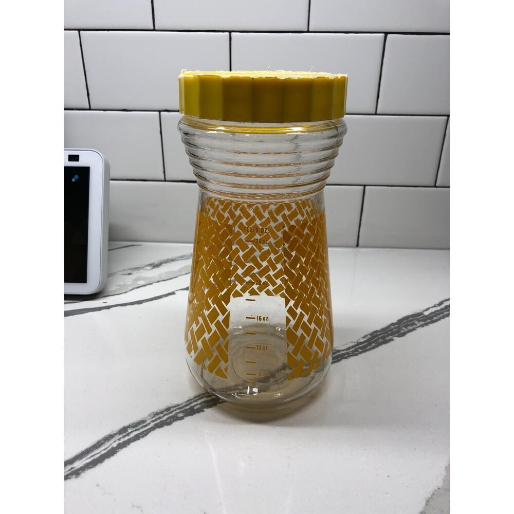 Vintage Juice Jar Carafe Glass Jug Yellow Woven Design 24 ounce Plastic Lid